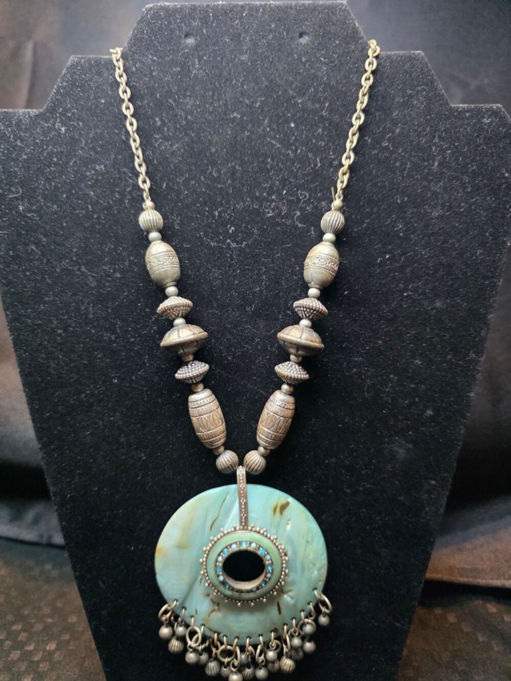Vintage You & I Beaded Necklace With Turquoise Pendant & Antique Silver Accents